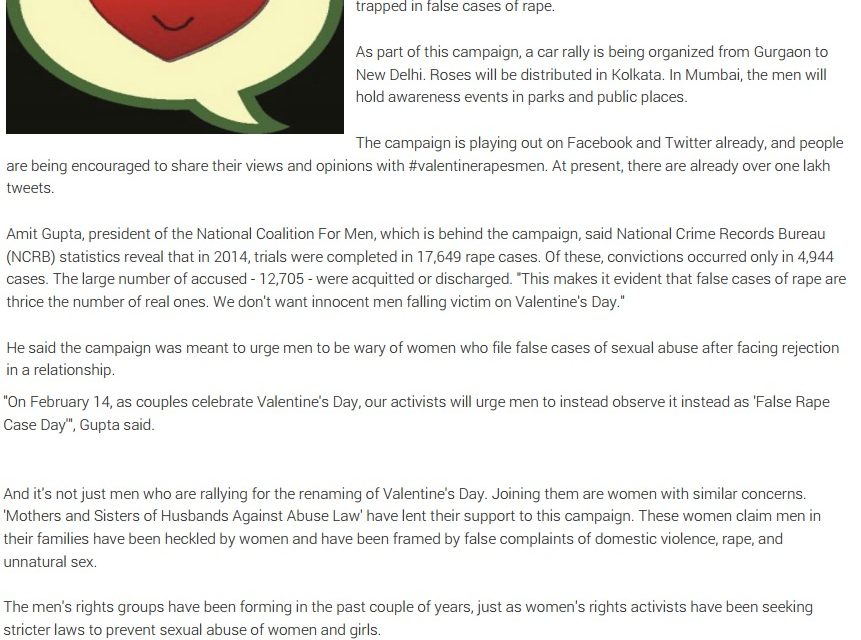 TOI – Beware of Valentine’s Day NGOs run awareness campaign ValentineRapesMen