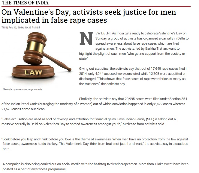 TOI – On Valentine’s Day, activists seek justice for men implicated in false rape cases